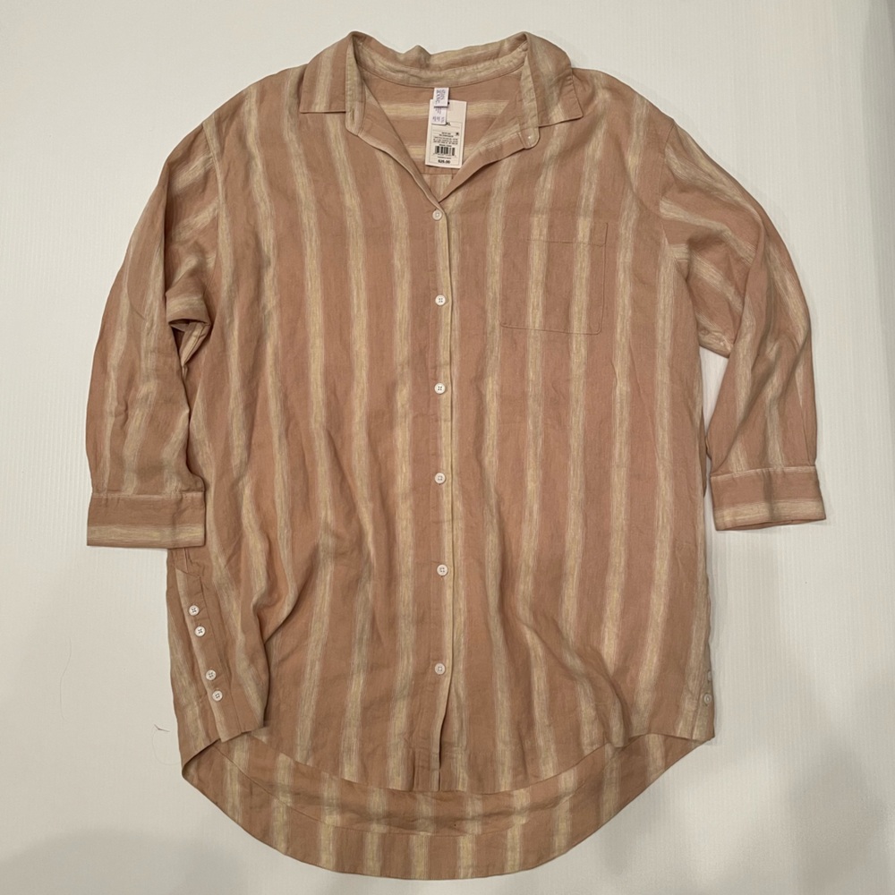 Stars Above Beige Striped Quarter Sleeve Button Down Shirt